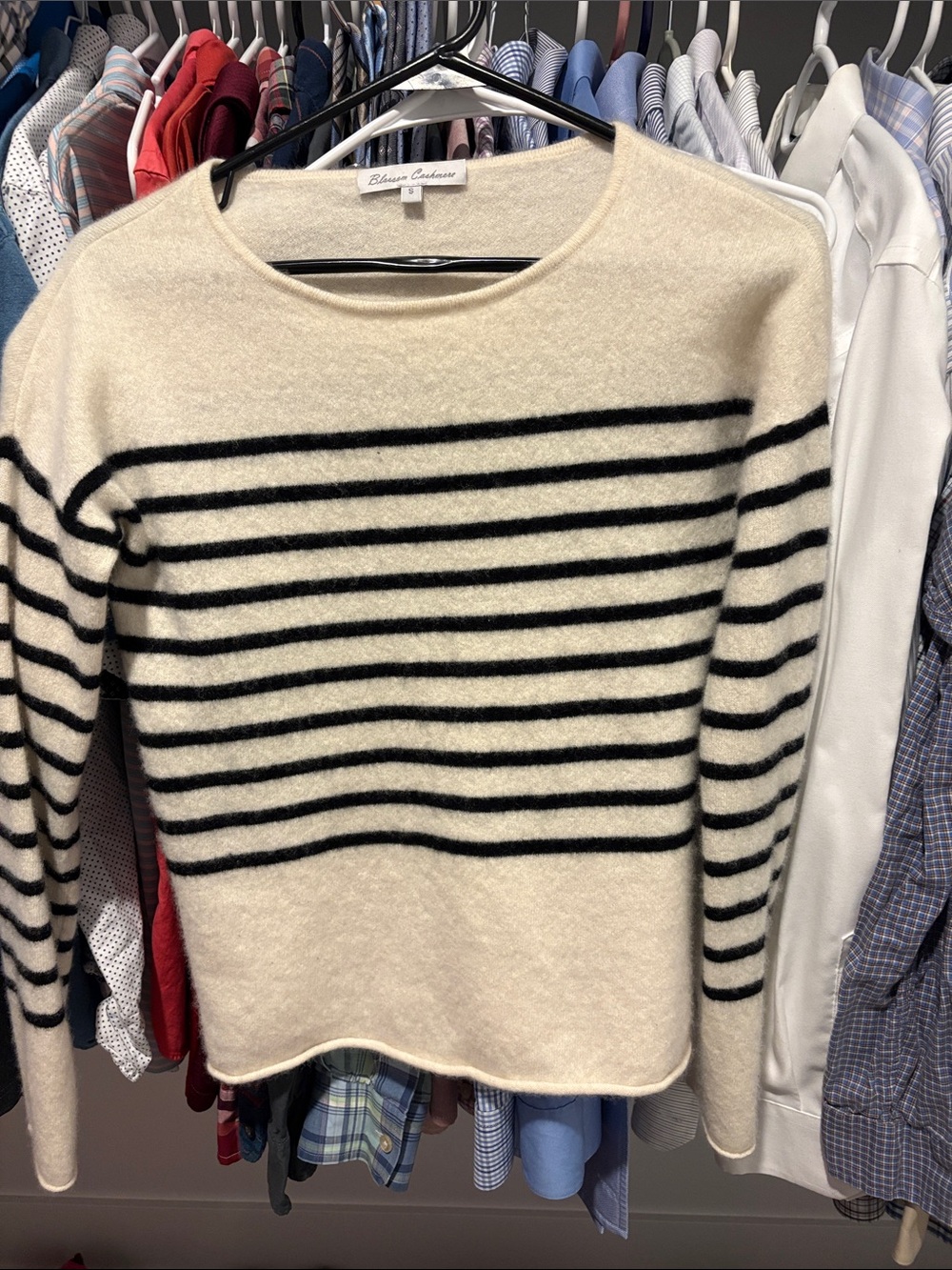 -Blend Cream & Black Striped Crewneck Sweater